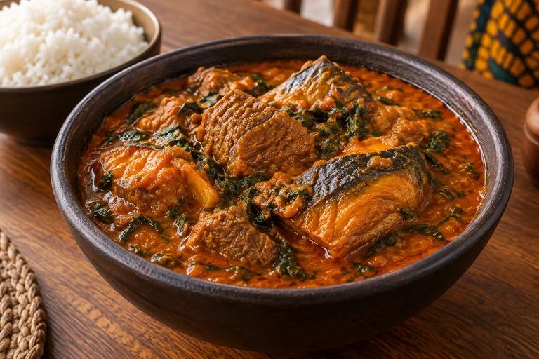 Ofe Akwu, palm-nut soup, served with rice